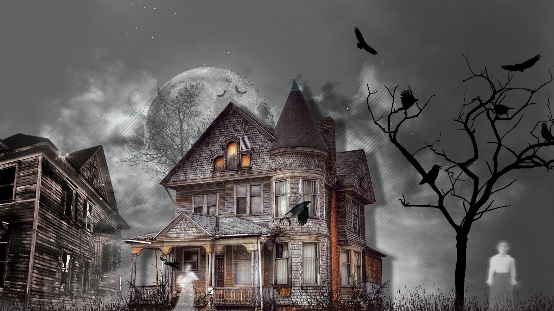 Phone wallpaper: Haunted House, Halloween, Ghost, Raven, Dark, Holiday, Tree 756444