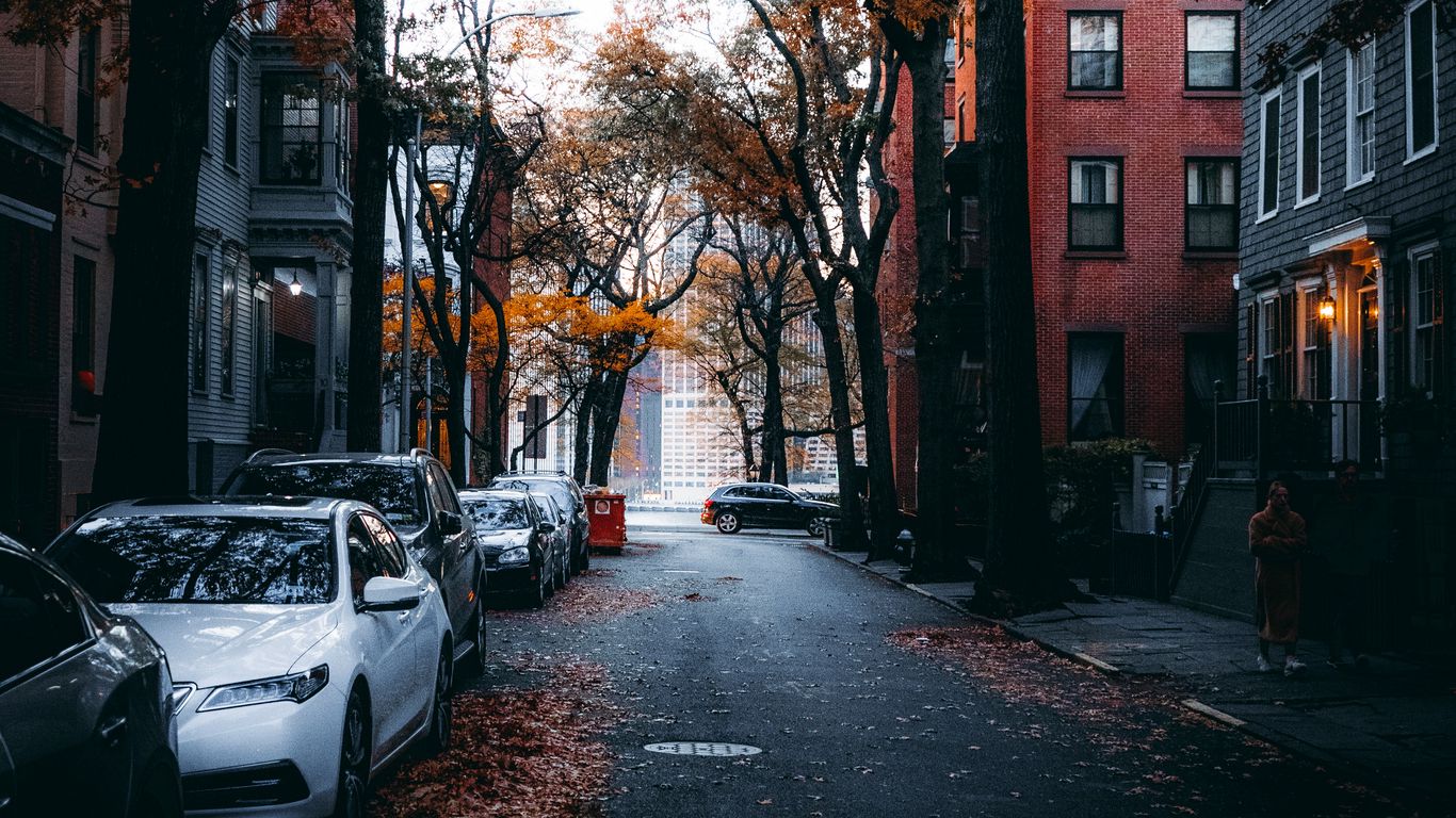 Download wallpaper 1366x768 street, city, autumn, cars, trees tablet, laptop HD background