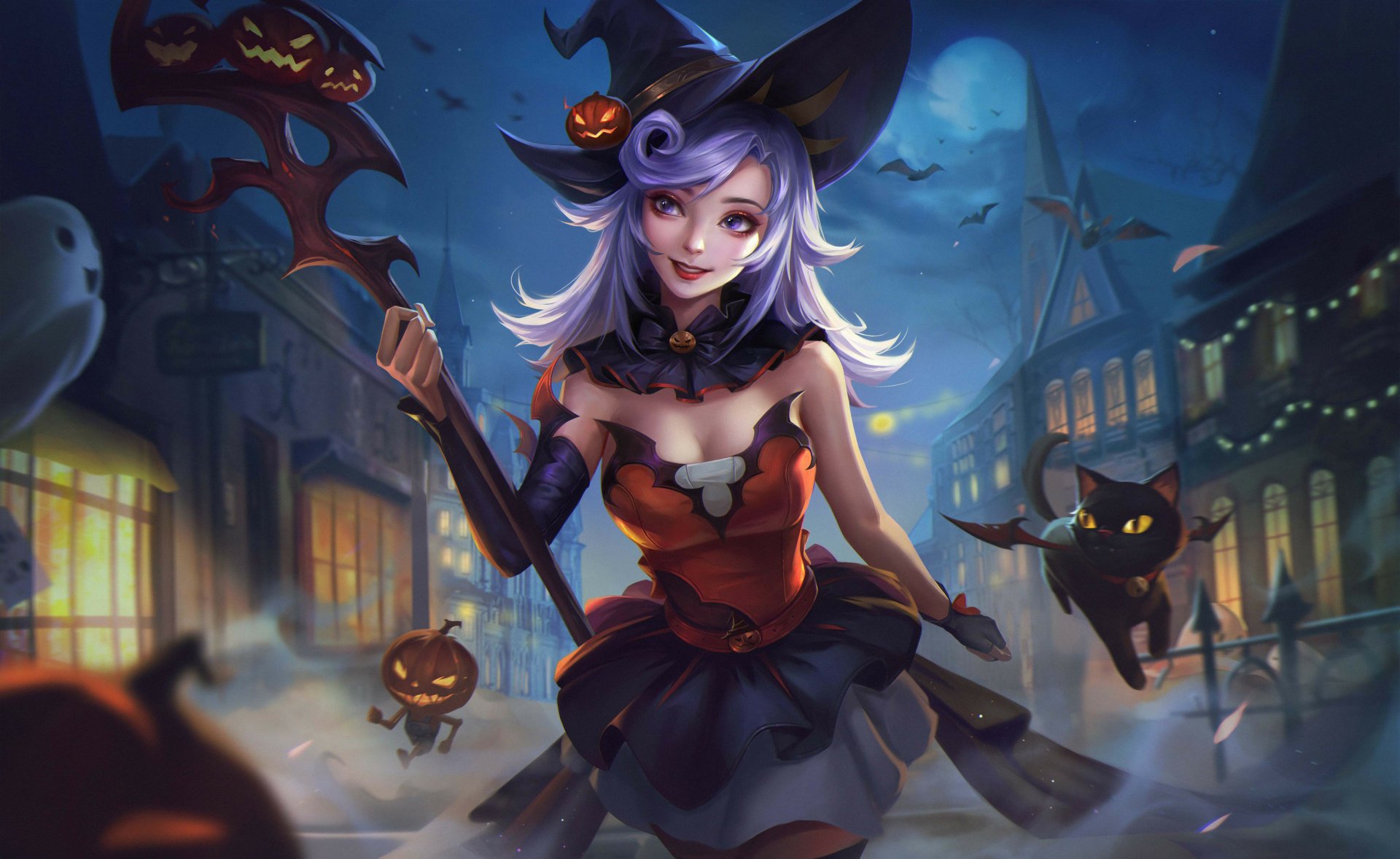 Halloween Night: Anime Witch Cat 4K Ultra HD Wallpaper