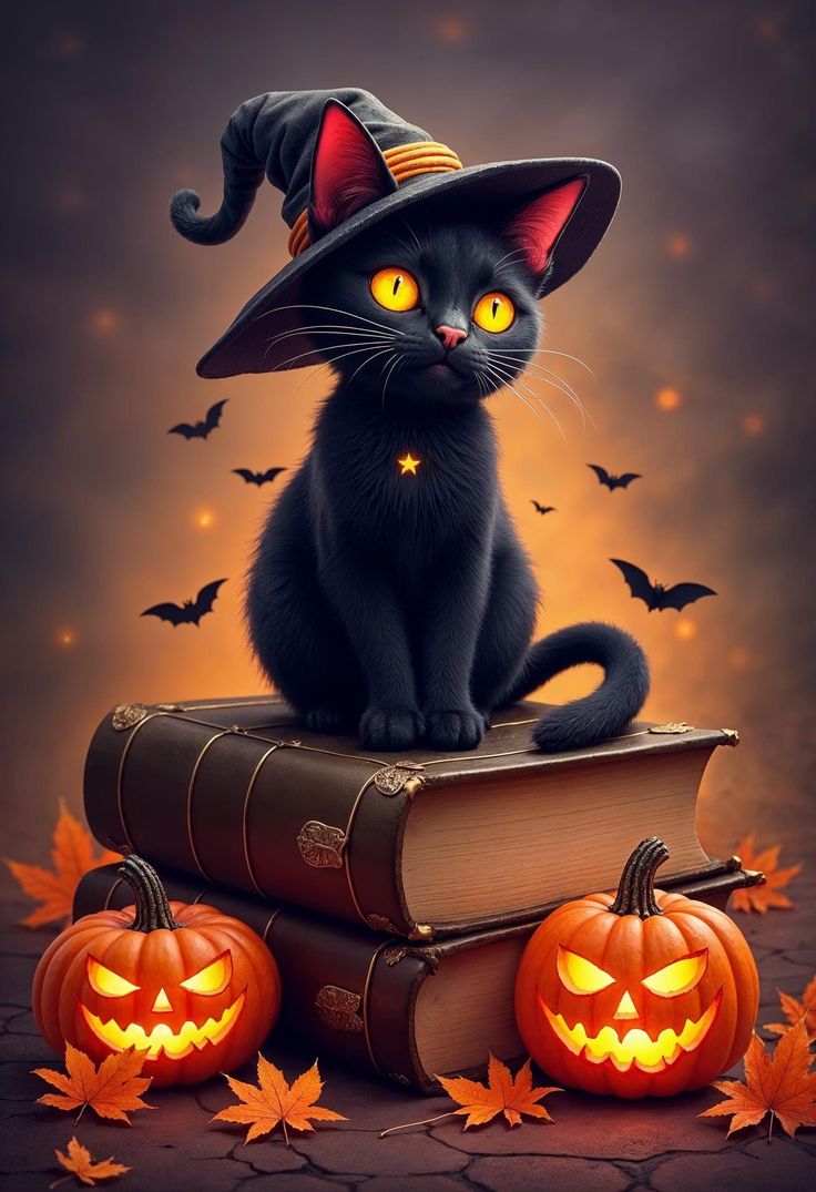 Adorable Halloween Black Cat with Witch Hat and Pumpkins Digital Art for Instant Download