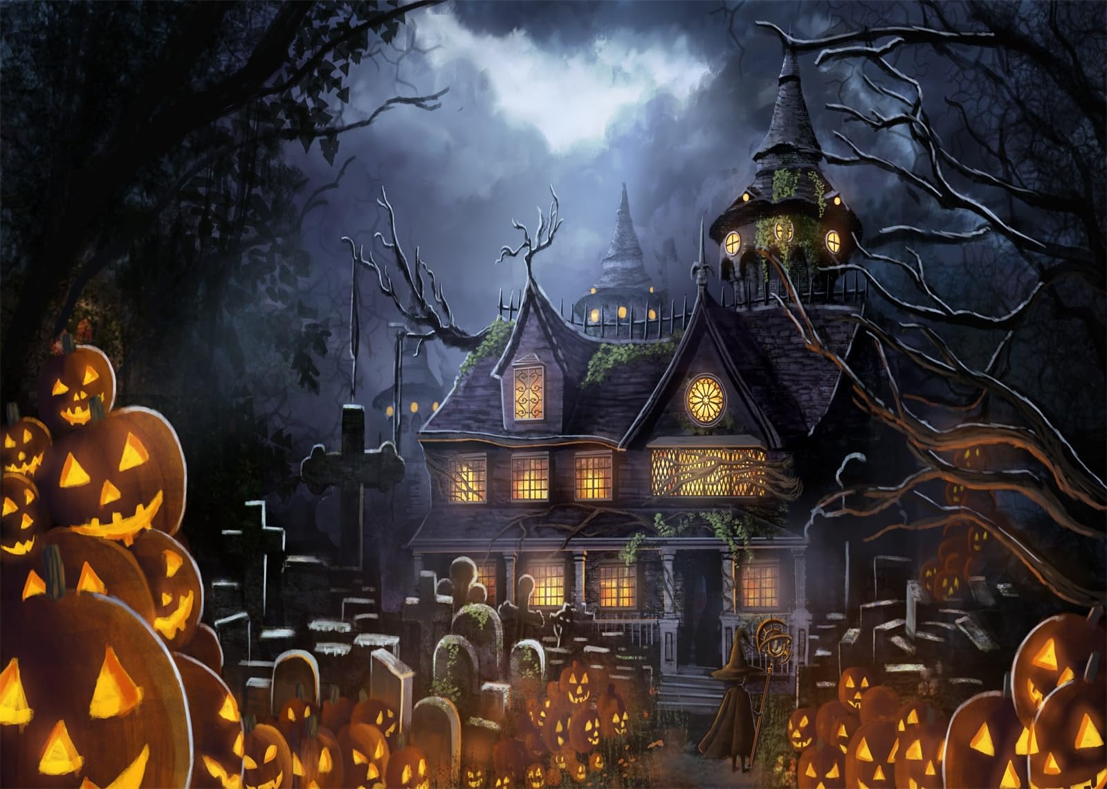 Amazon.com, BELECO 5x3ft Fabric Halloween Night Haunted House Backdrop Scary Graveyard Pumpkin Lanterns Wizard Witch Dark Trees Gloomy Cemetery Background Halloween Themed Party Decorations Photo Studio Props
