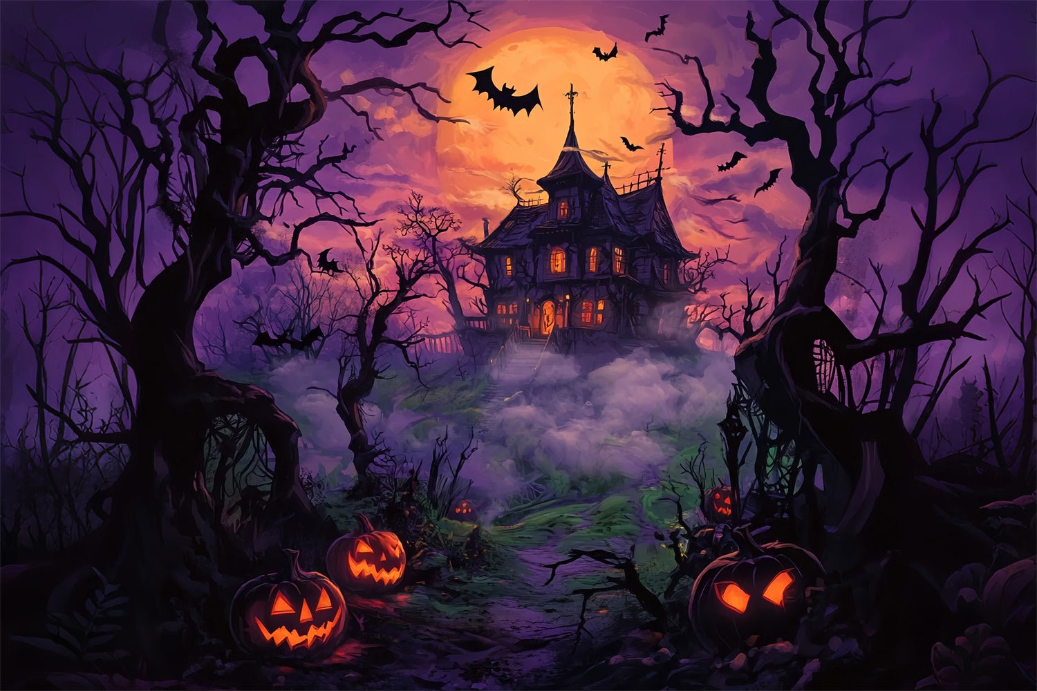 Foggy Night Halloween Haunted Mansion Backdrop BRP8 348