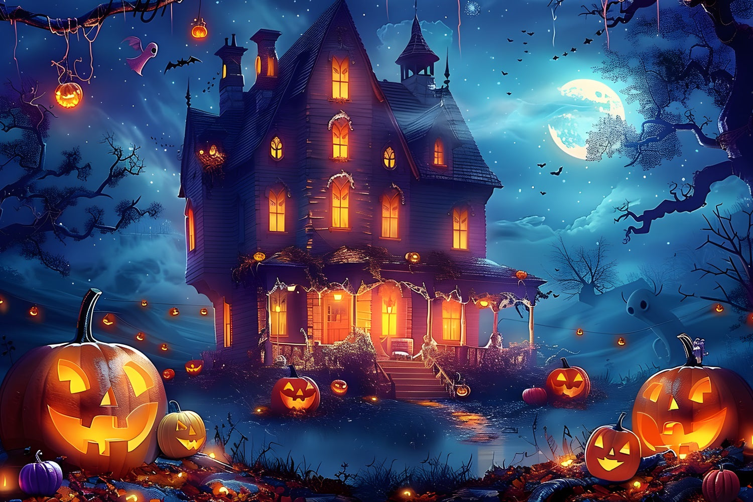 Halloween Haunted House Moonlit Night Backdrop RR7 362