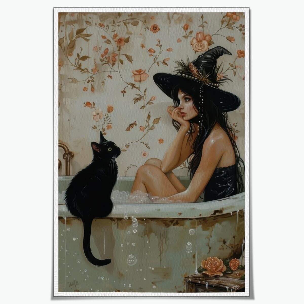 Vintage Halloween prints Pondering Witch and Black Cat in Bathtub canvas Poster Dark Academia Spooky aesthetic Wall art Decor for Dormitory Apartment Bedroom Room Unframed12x18inch: Posters & Prints