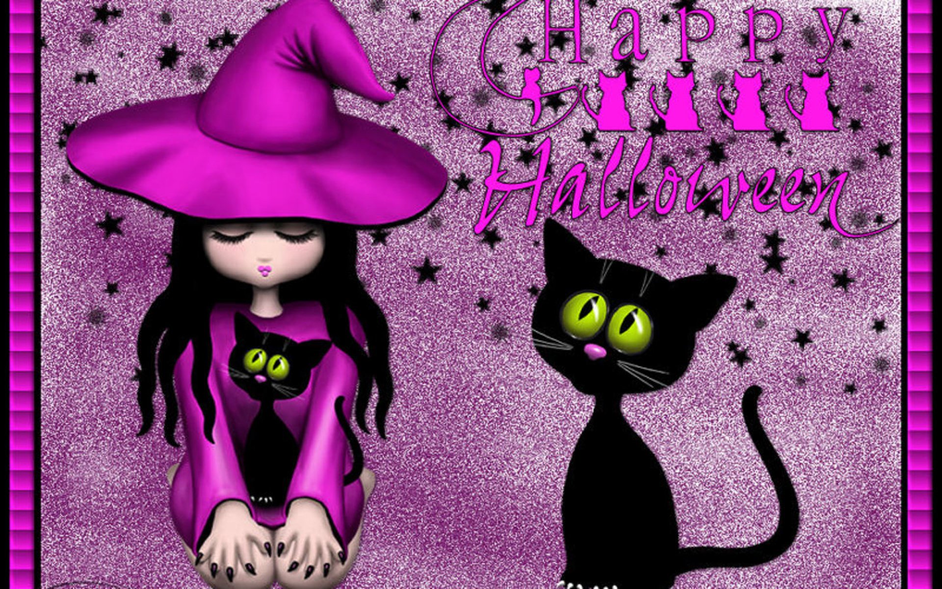 Happy Halloween Magic: Purple Witch and Black Cat HD Wallpaper Delight