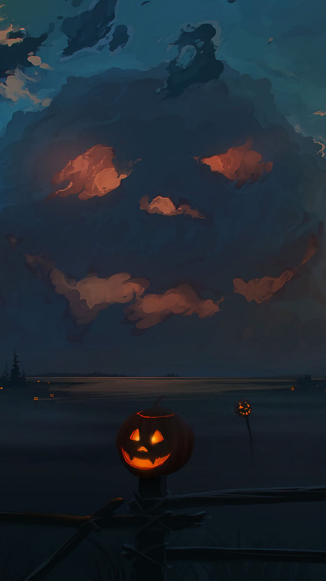 Download wallpaper 1350x2400 jack o lantern, pumpkin, halloween, art, clouds iphone 8+/7+/6s+/for parallax HD background