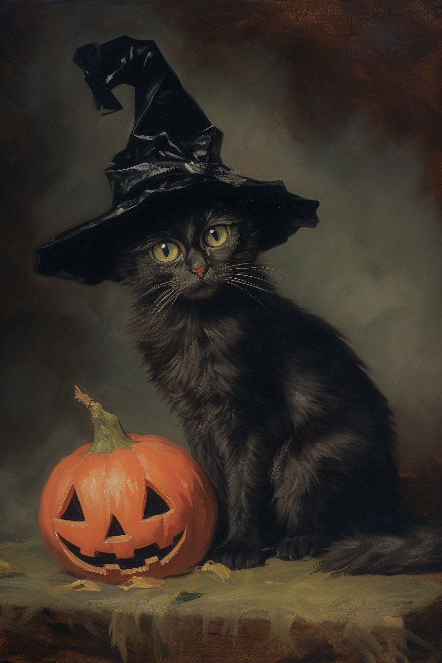 Witch's Cat Halloween Art Print: Black Cat with Pumpkin (Downloadable)