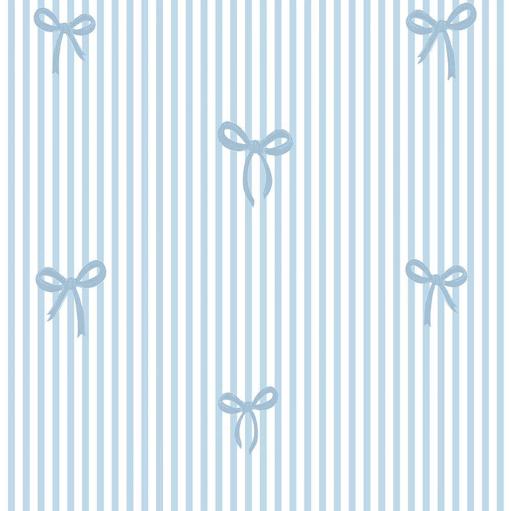 Sample of Delicate Bows on Pinstripe Wallpaper in Blue