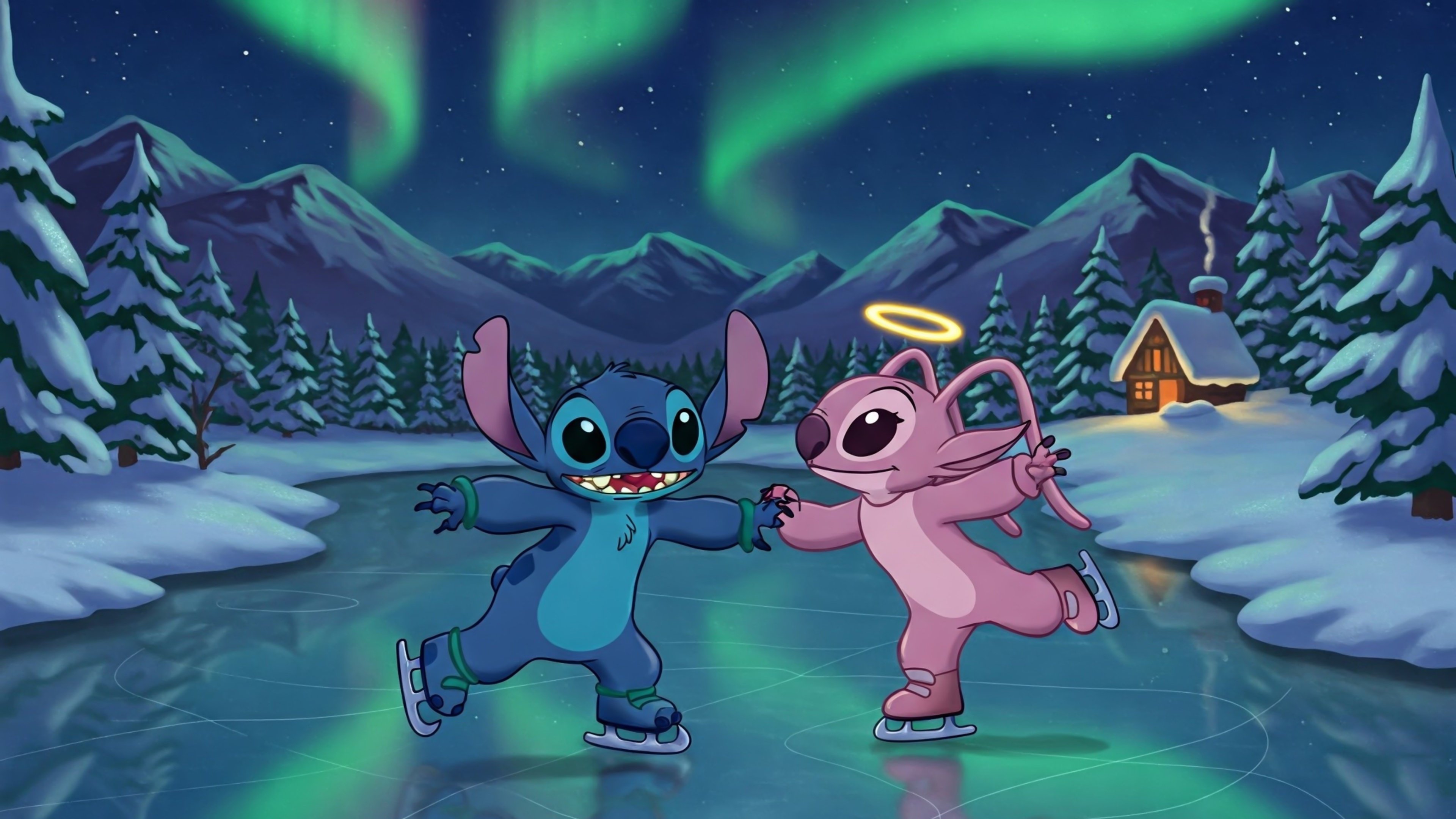 Stitch and Angel ice skating Wallpaper 4k for Desktop