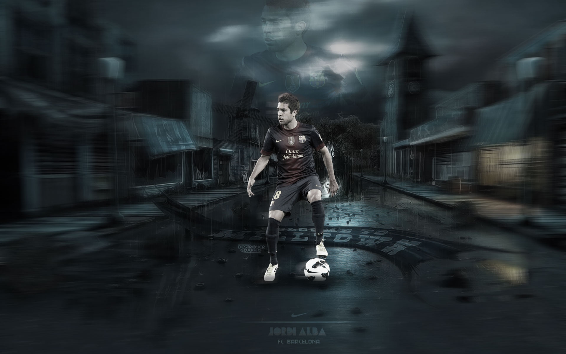 The player of Barcelona Jordi Alba in the dark streets Desktop wallpaper 1600x900