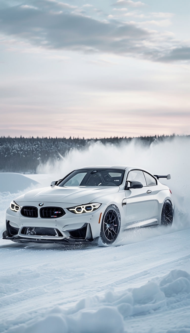 Dynamic White BMW M4 Sports Car in Motion on Snowy Landscape Mobile Wallpaper