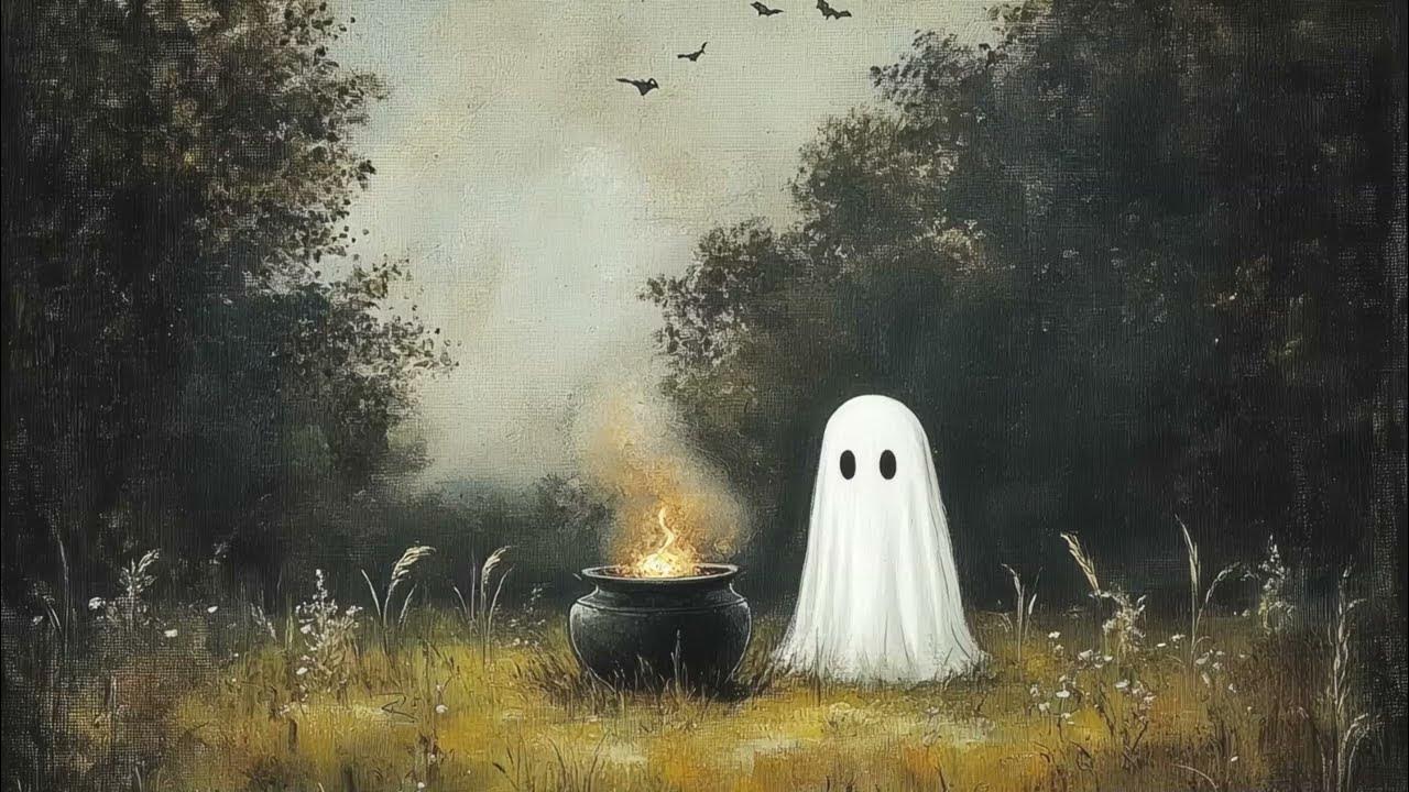 Vintage Painting of a Ghost by the Cauldron, Spooky Halloween TV Art Screensaver