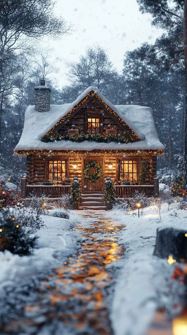 8K Christmas Cabin Wallpaper: Snowy Log Home Winter Mobile Phone Background
