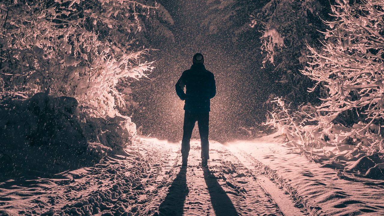 Wallpaper man, alone, light, snow, winter, forest, dark hd, picture, image