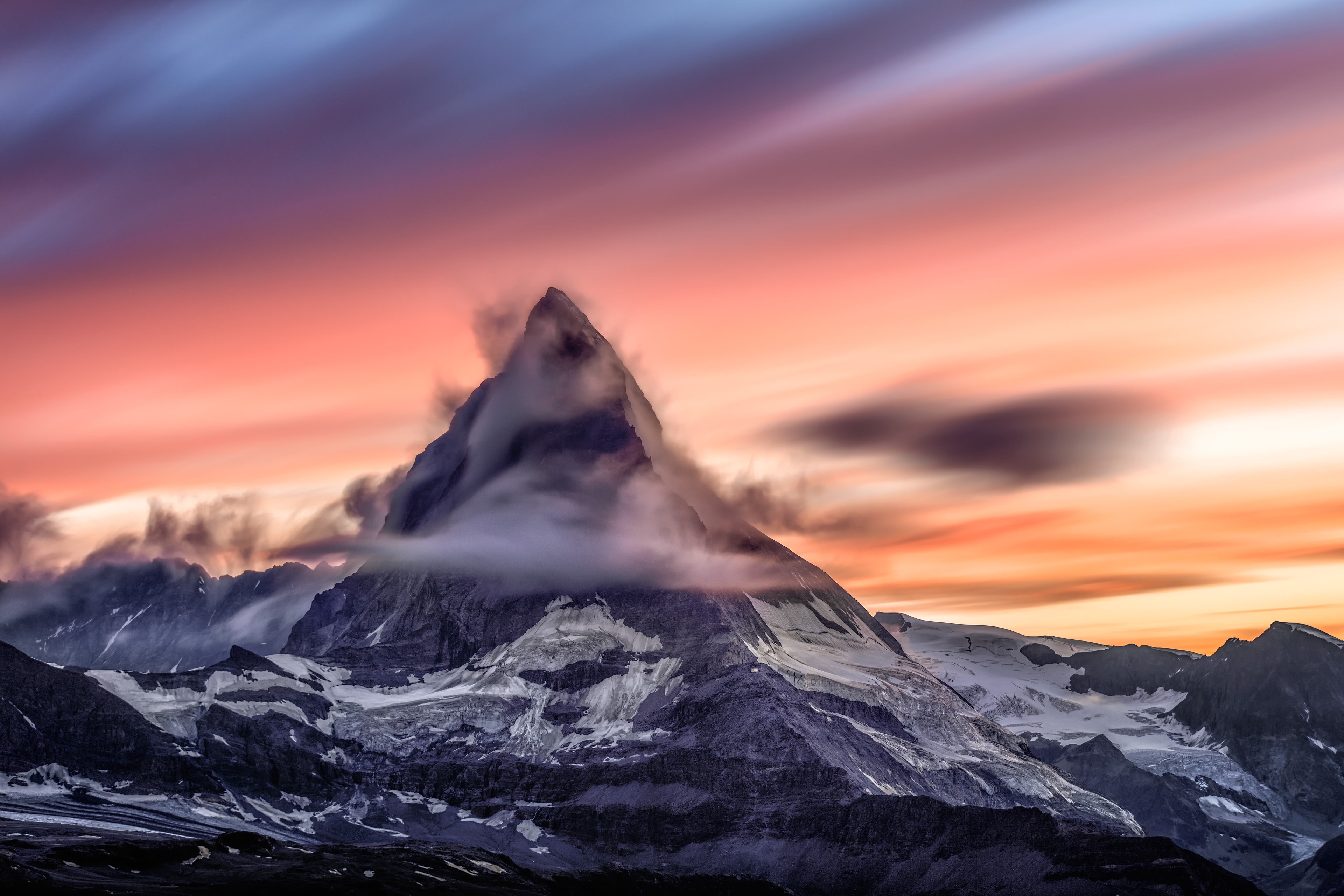 nature, Snow, Mountains, Long exposure, Sunset, Clouds, Matterhorn, Switzerland, Swiss Alps Wallpaper HD / Desktop and Mobile Background