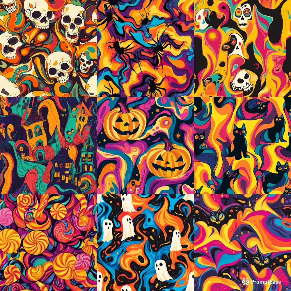 Psychedelic 70s Style Halloween Patterns Midjourney Prompt