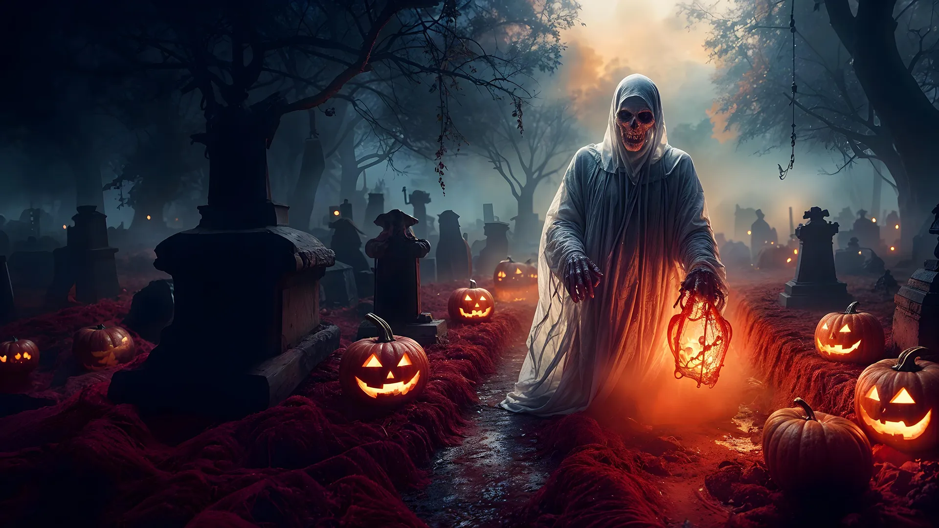 Spooky Halloween graveyard with evil pumpkins background, scary ghost in cemetery image