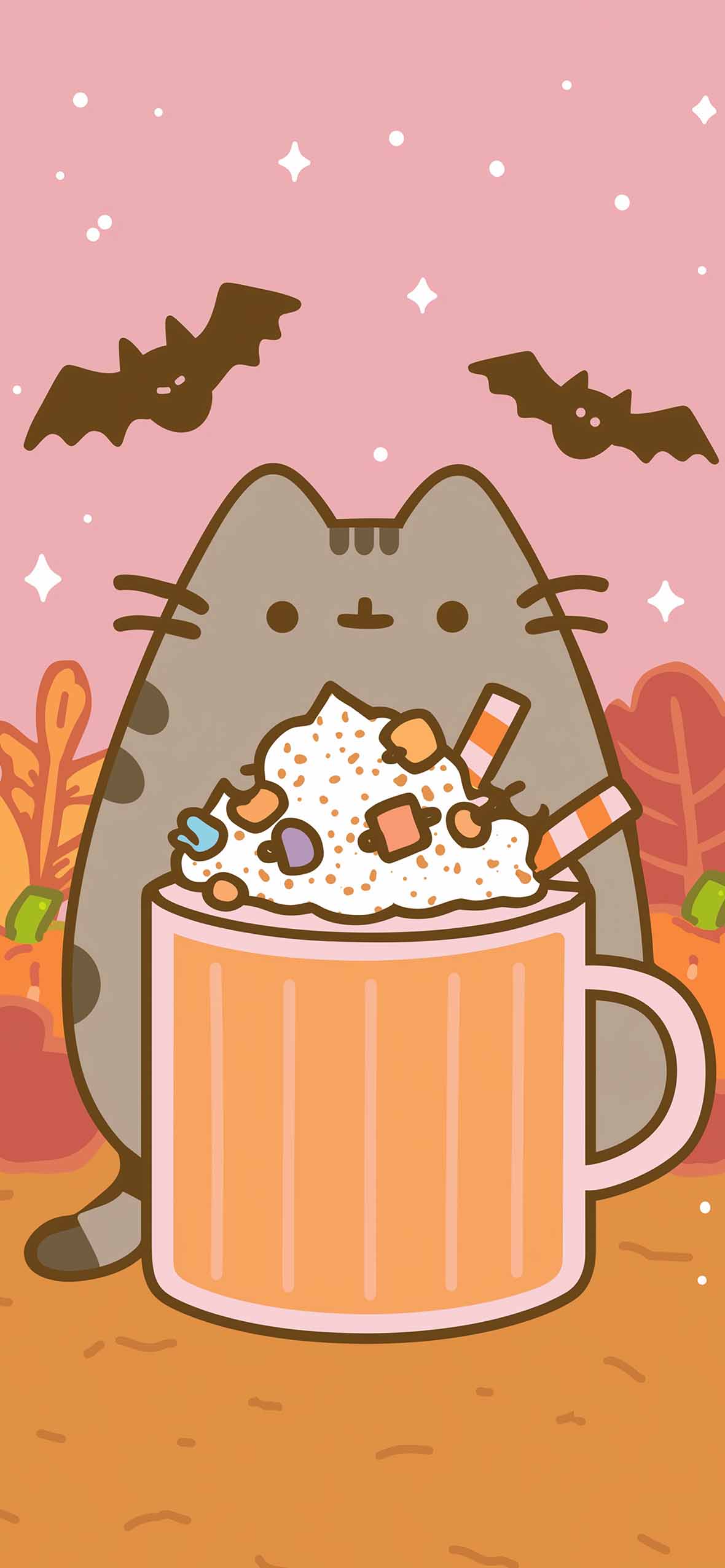 Pusheen with Hot Chocolate Cute Halloween Wallpaper iPhone