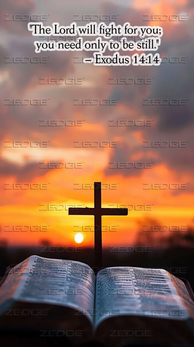 Cross and Bible at Sunset with Exodus 14:14. Christian wallpaper wallpaper