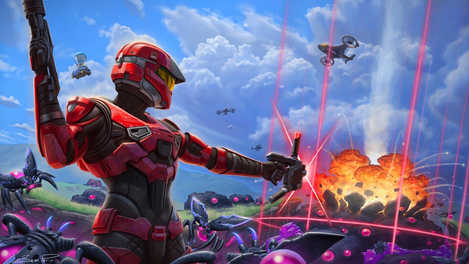 Epic Fortnite x Halo HD Wallpaper: Ultimate Gaming Battle Scene