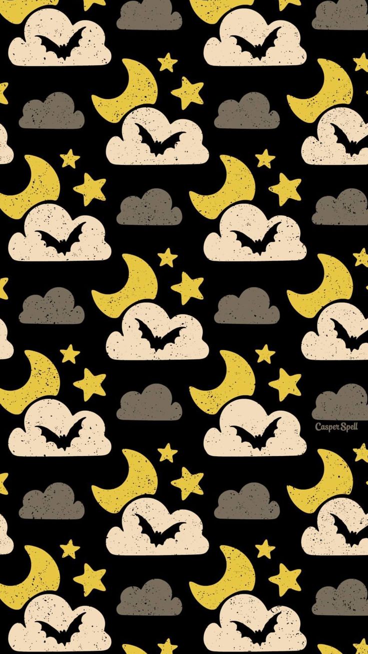 Moon, star, bat Halloween wallpaper by artist Casper Spell, background lock screen for android cellphone iPhone via Instagram @casperspell