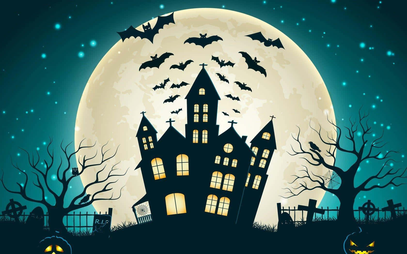 Download Halloween Cartoon Haunted House With Full Moon And Stars Picture