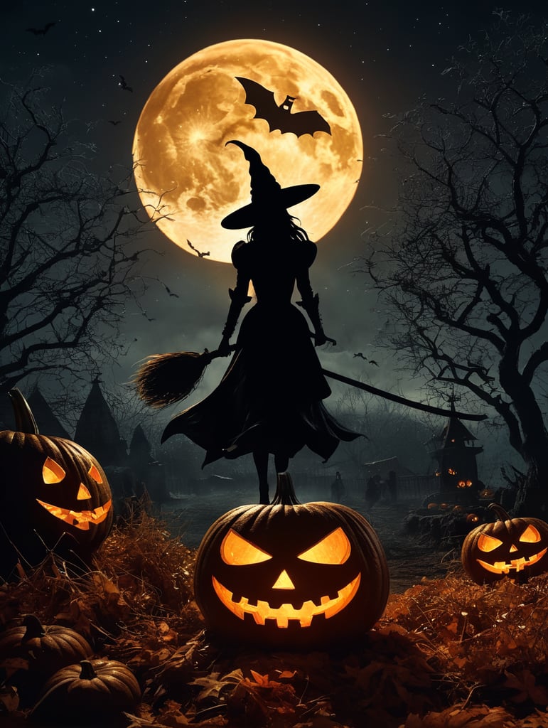 Premium Free ai Image. halloween pumpkin scene dramatic lighting at night around the pumpkin but in the night sky the silhouette of witch flying on broomstick crescent moon and stars depth