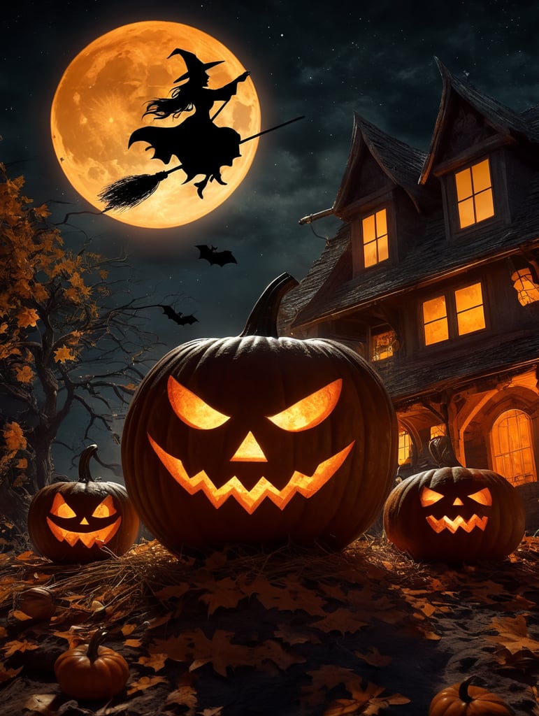 Premium Free ai Image. halloween pumpkin scene dramatic lighting at night around the pumpkin but in the night sky the silhouette of witch flying on broomstick crescent moon and stars depth