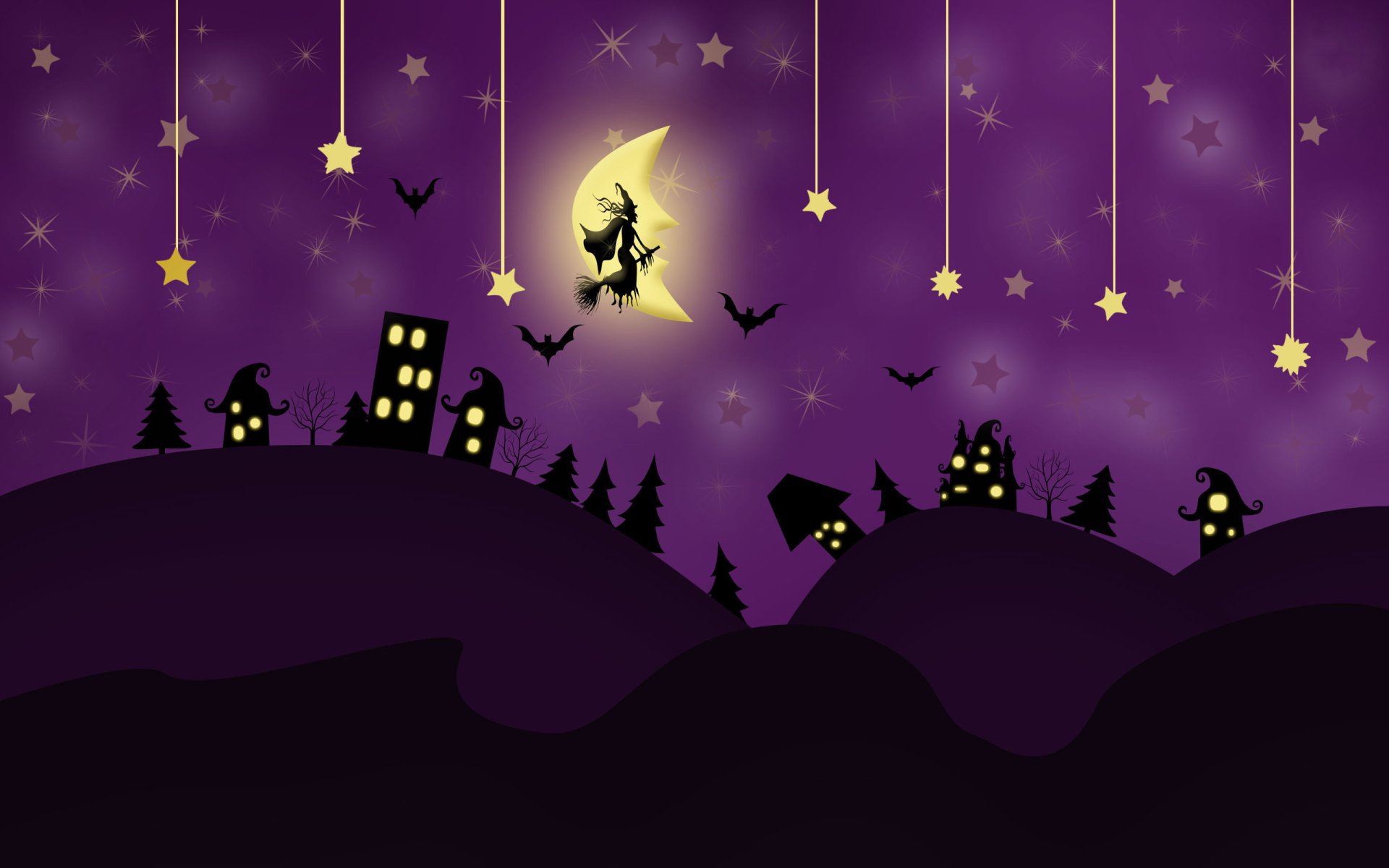 Halloween Night: Purple Witch Silhouette Under Starry Sky HD Wallpaper