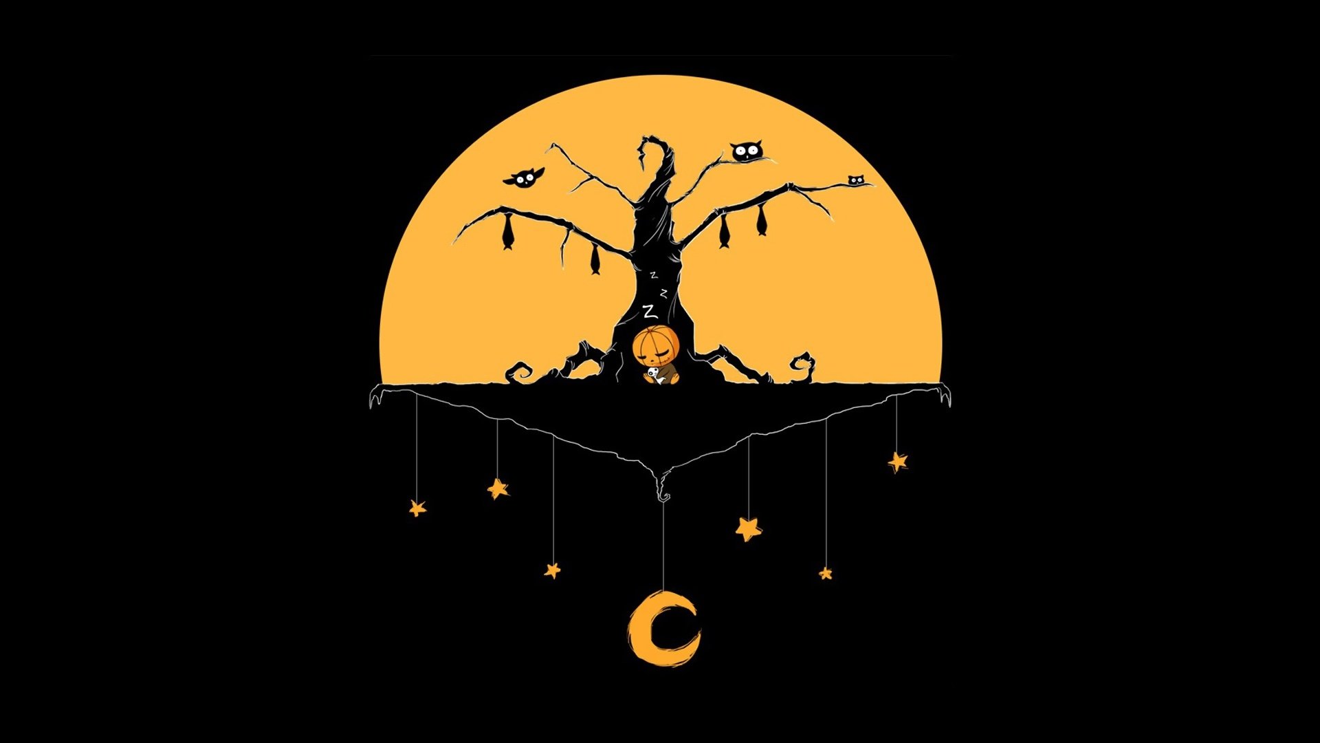 Minimalist Halloween Tree Under a Glowing Moon. HD Holiday Wallpaper