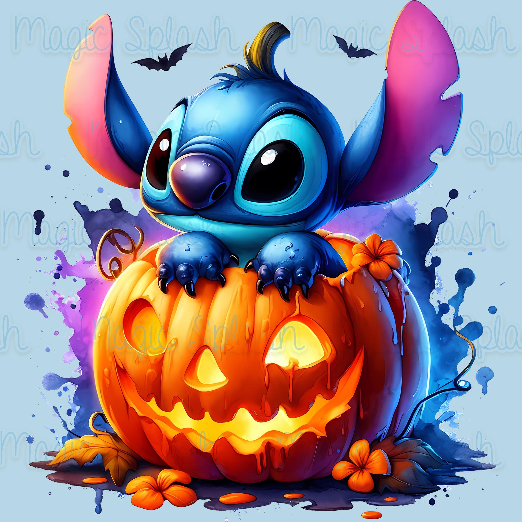 Stitch Halloween Pumpkin Watercolor PNG Image (digital Download)