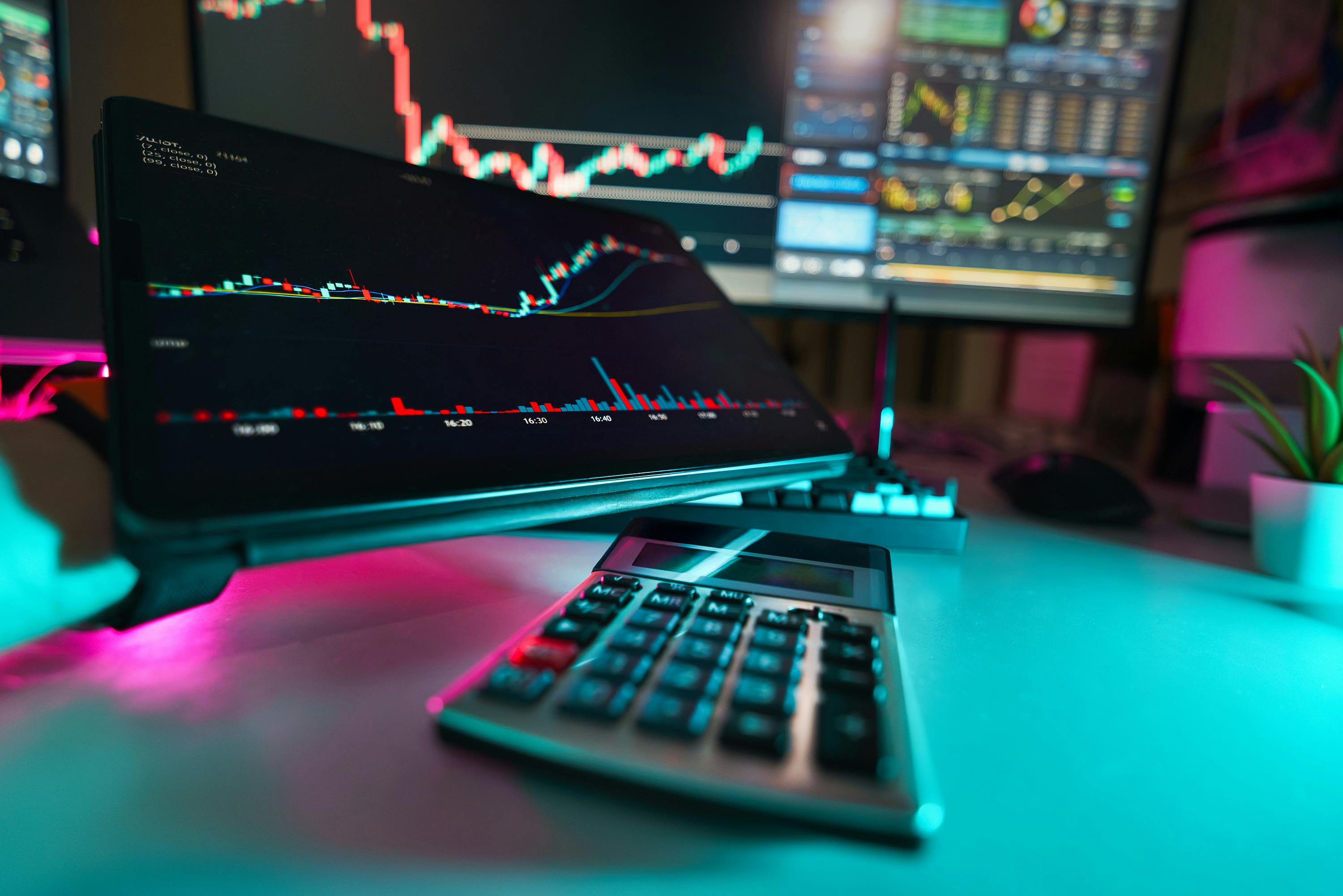 Modern Trading Desk with Graphs and Gadgets · Free
