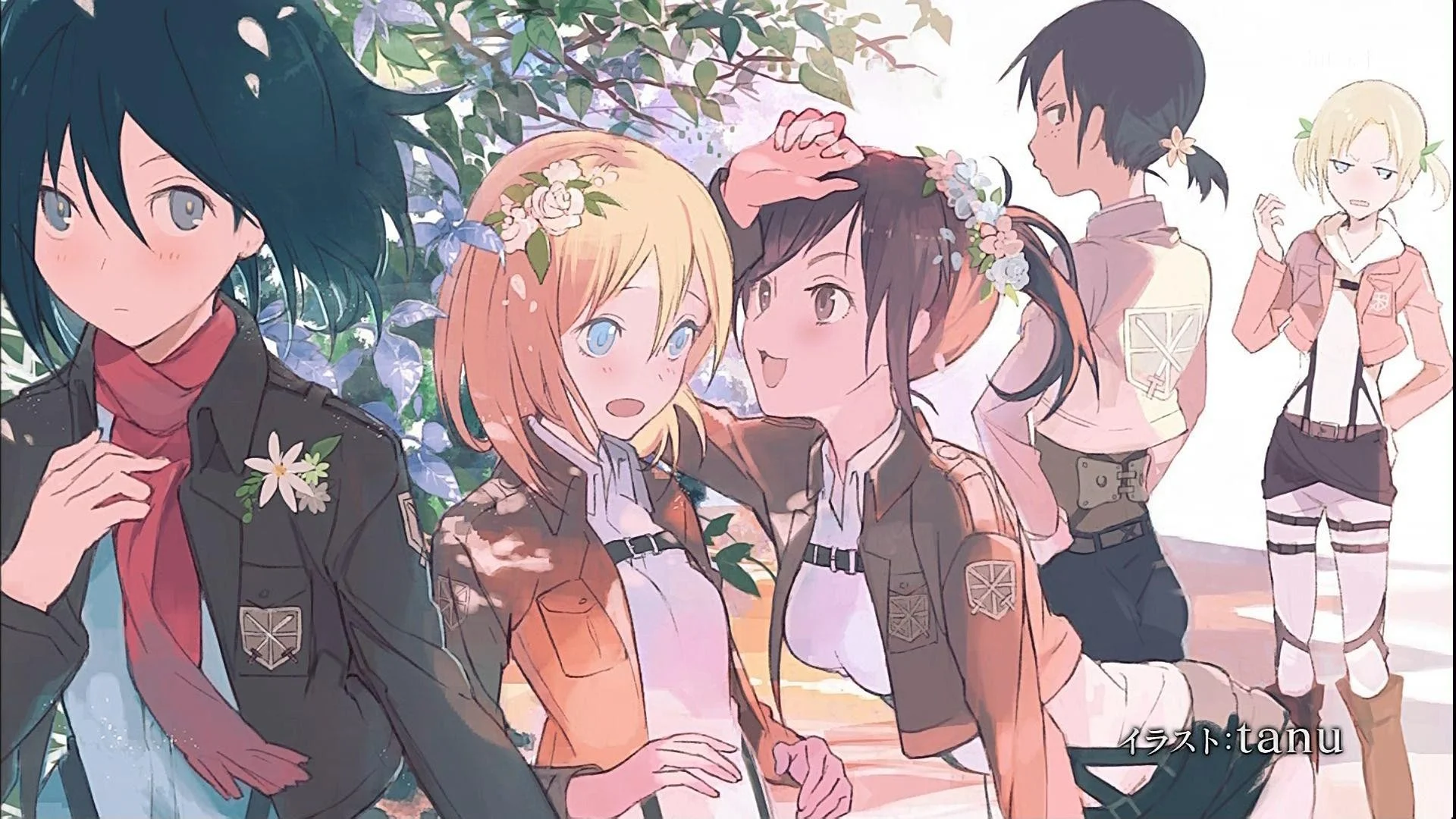 Wallpaper Attack on Titan Girls, Mikasa Ackerman, Eren Yeager, Historia Reiss, Annie Leonhart, Background Free Image