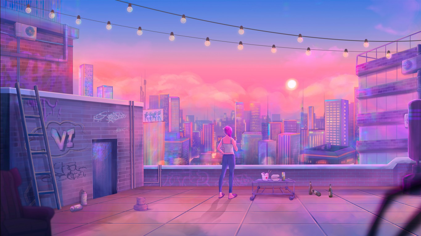 Artistic Girl Buildings City Moon Pink Clouds Blue Sky 4K 5K HD Vaporwave Wallpaper
