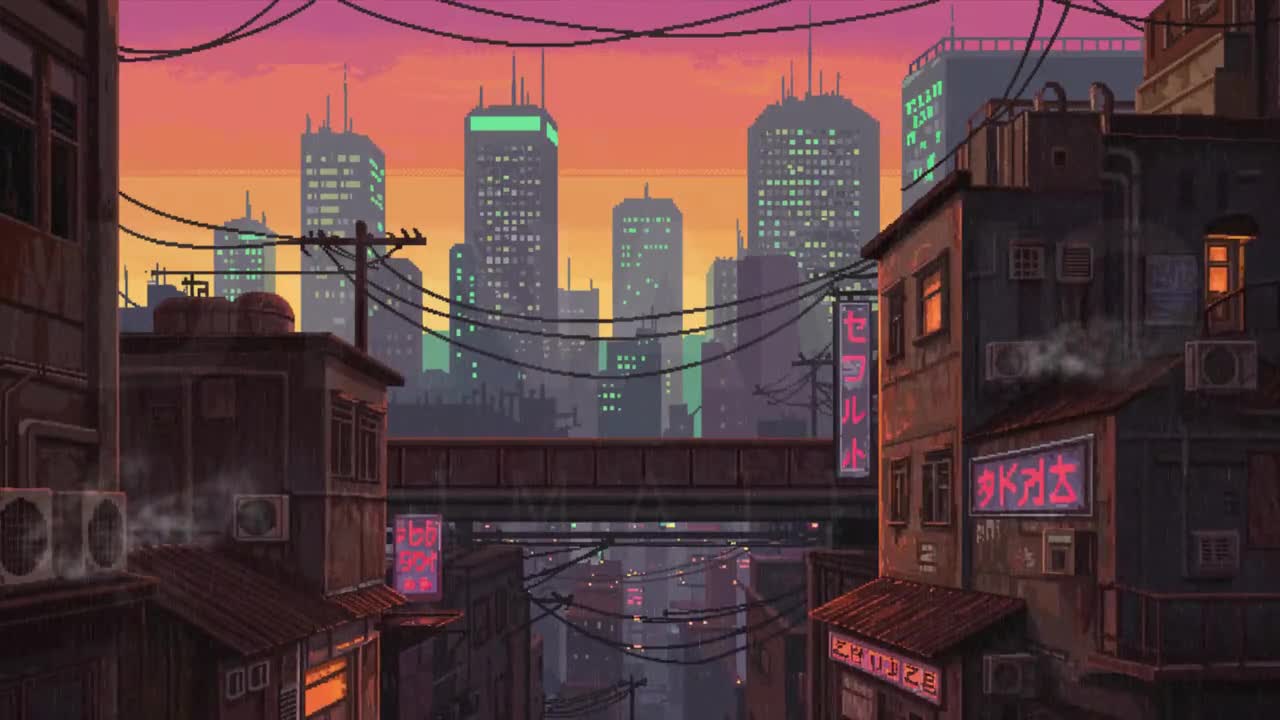 Animated Background. Pixel Art Cityscape at Dusk. Retro Cyberpunk Vibes. Urban Aesthetic. MP4 Digital Download for Streaming
