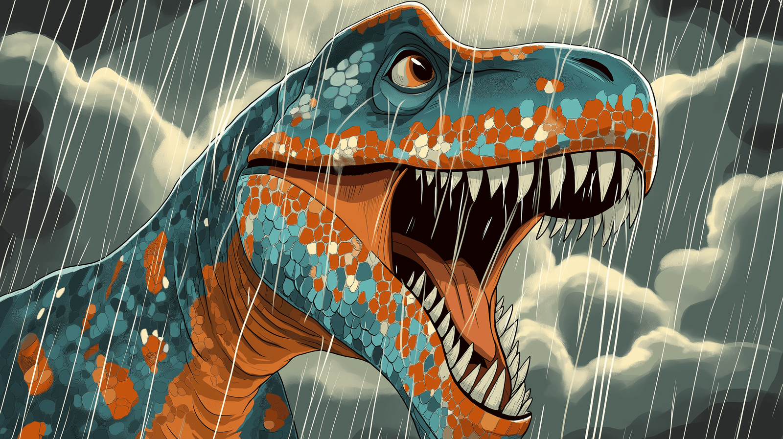 Mural Wallpaper Dinosaur. T Rex In The Rain