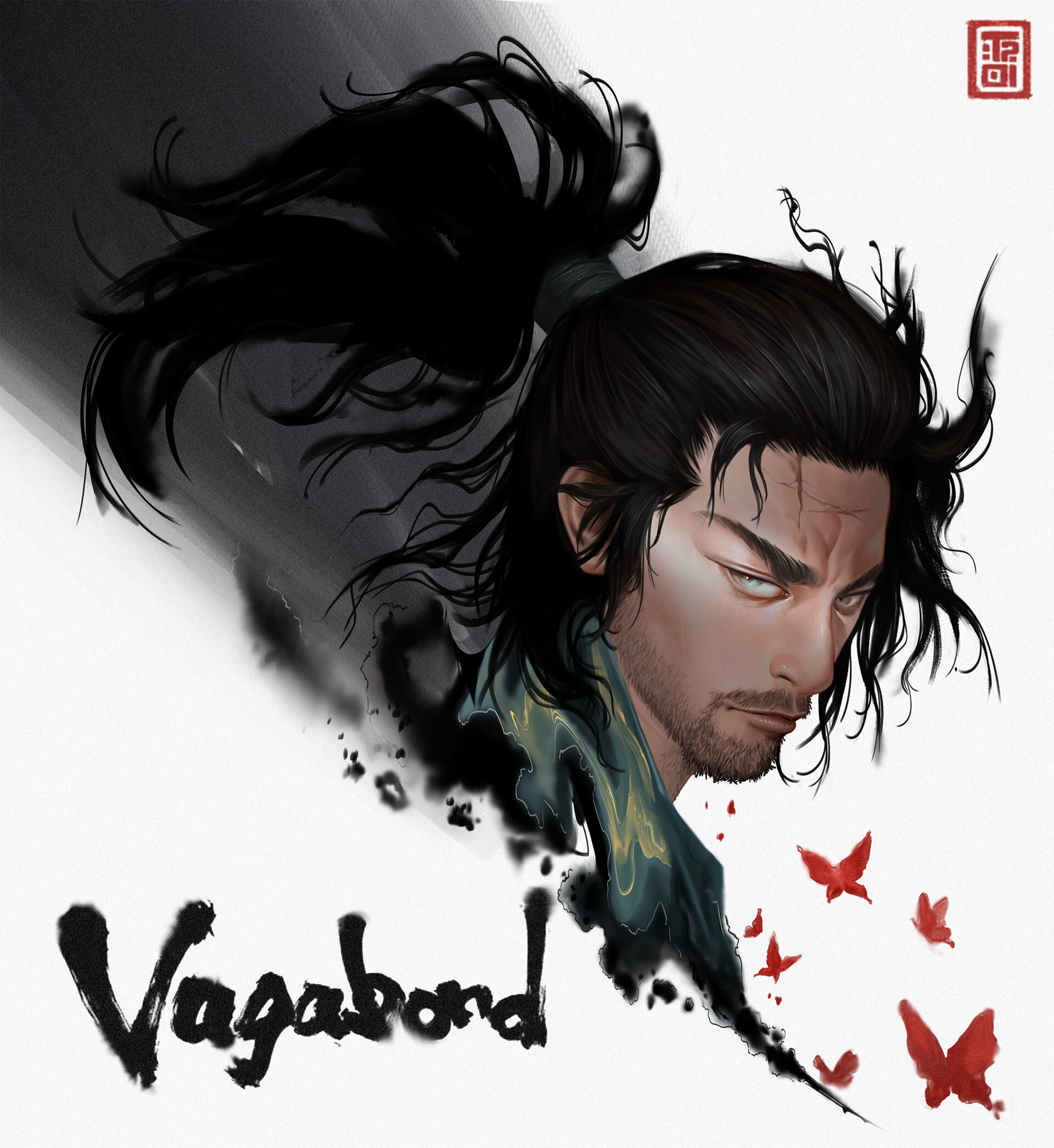 Vagabond Anime Takezo Portrait Vintage Manga Poster, Miyamoto Musashi, Shinmen Takezo , Samurai Photographic Print