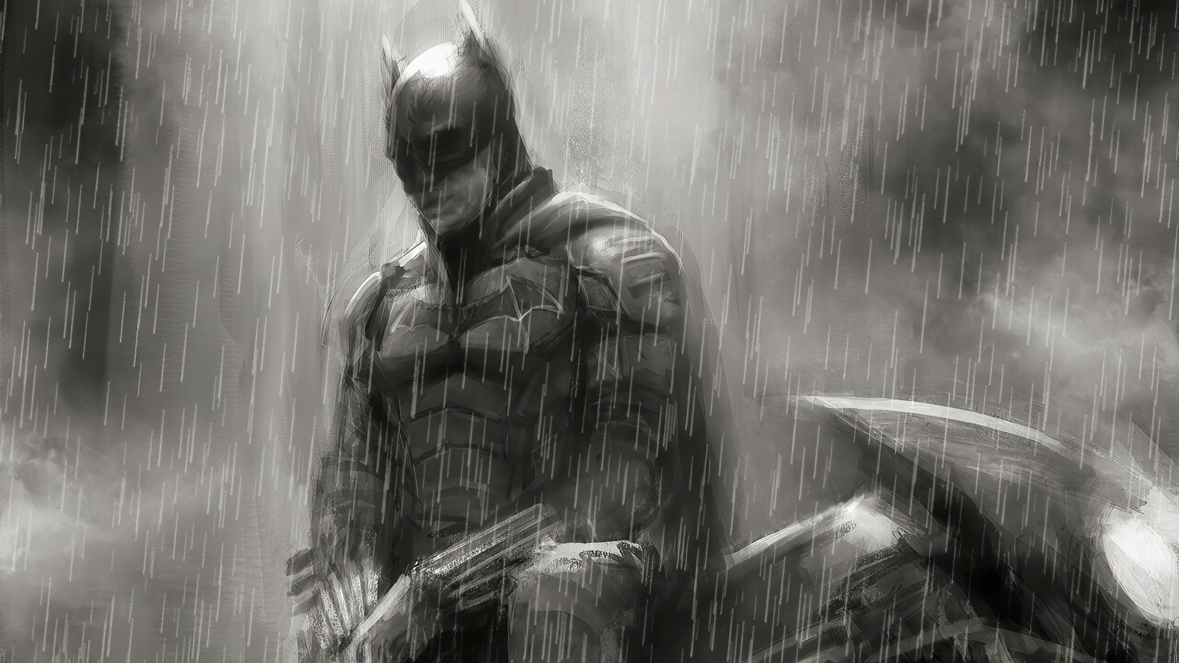 Batman With Bike Raining Monochrome Wallpaper, HD Superheroes Wallpaper, 4k Wallpaper, Image, Background, Photos and Picture