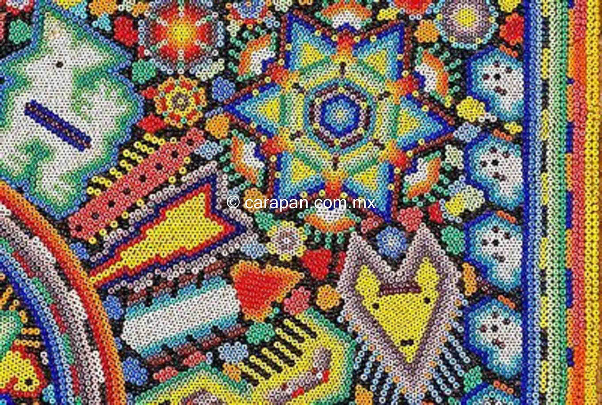 Huichol Folk Art Beaded Painting with Sacred Shamanic Symbols