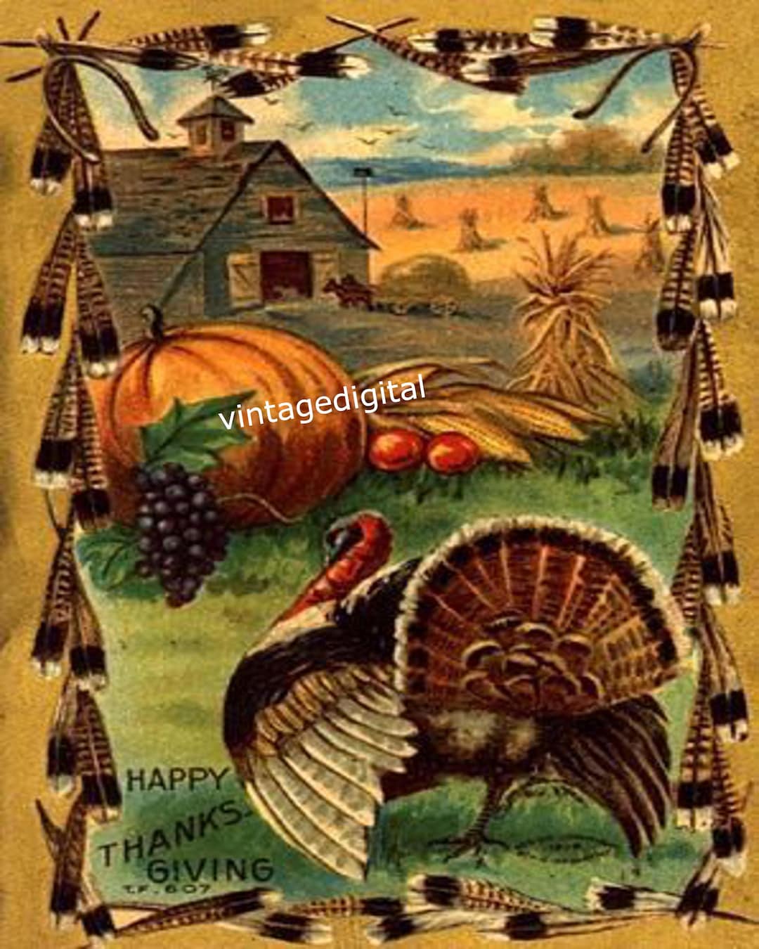 Happy Thanksgiving Vintage Image Turkey, Pumpkin, Corn Field, Barn Download Printable Wall Art
