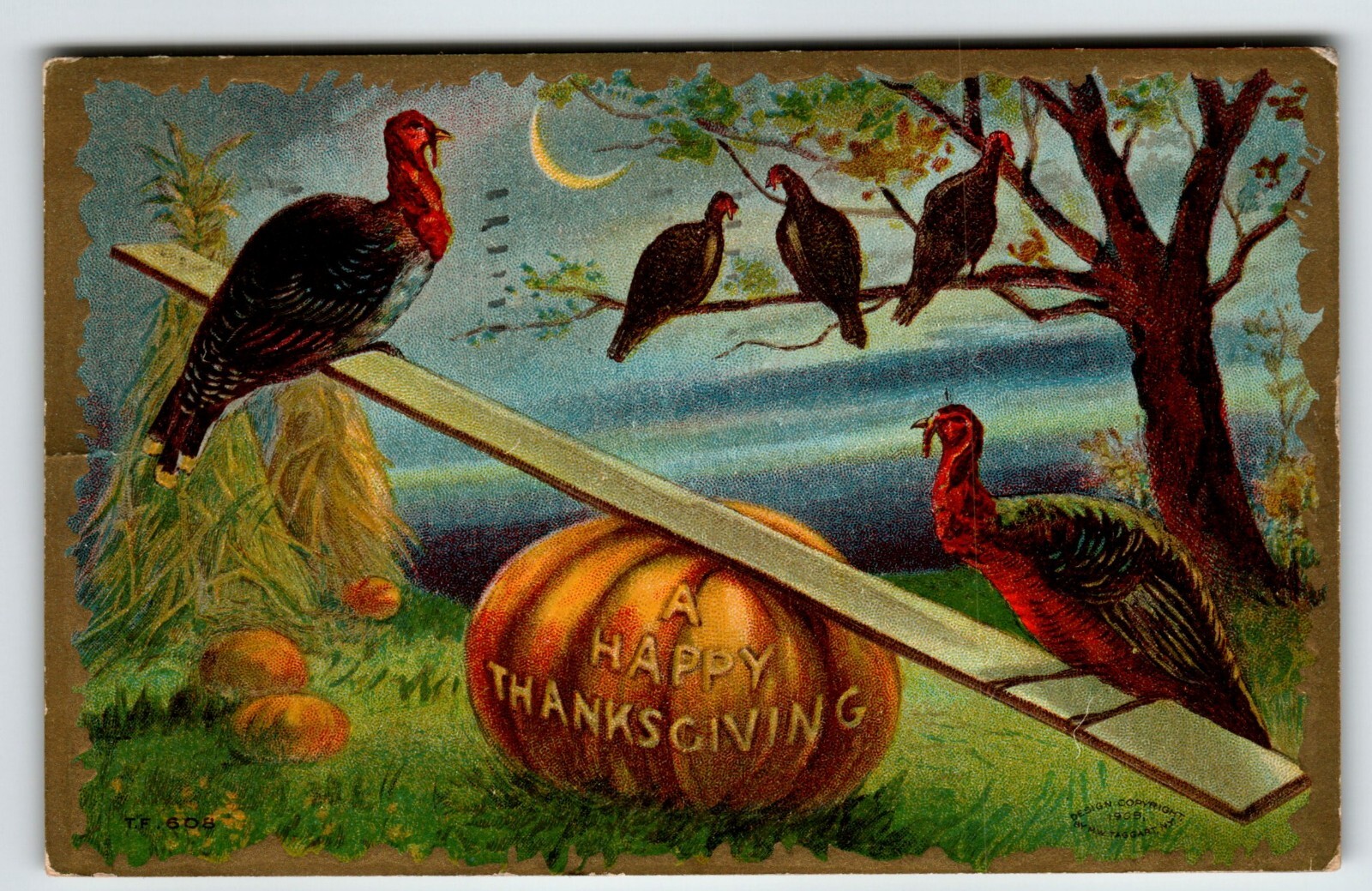 Thanksgiving Day Greetings Postcard Turkeys Haunted Crescent Moon See Saw 1910