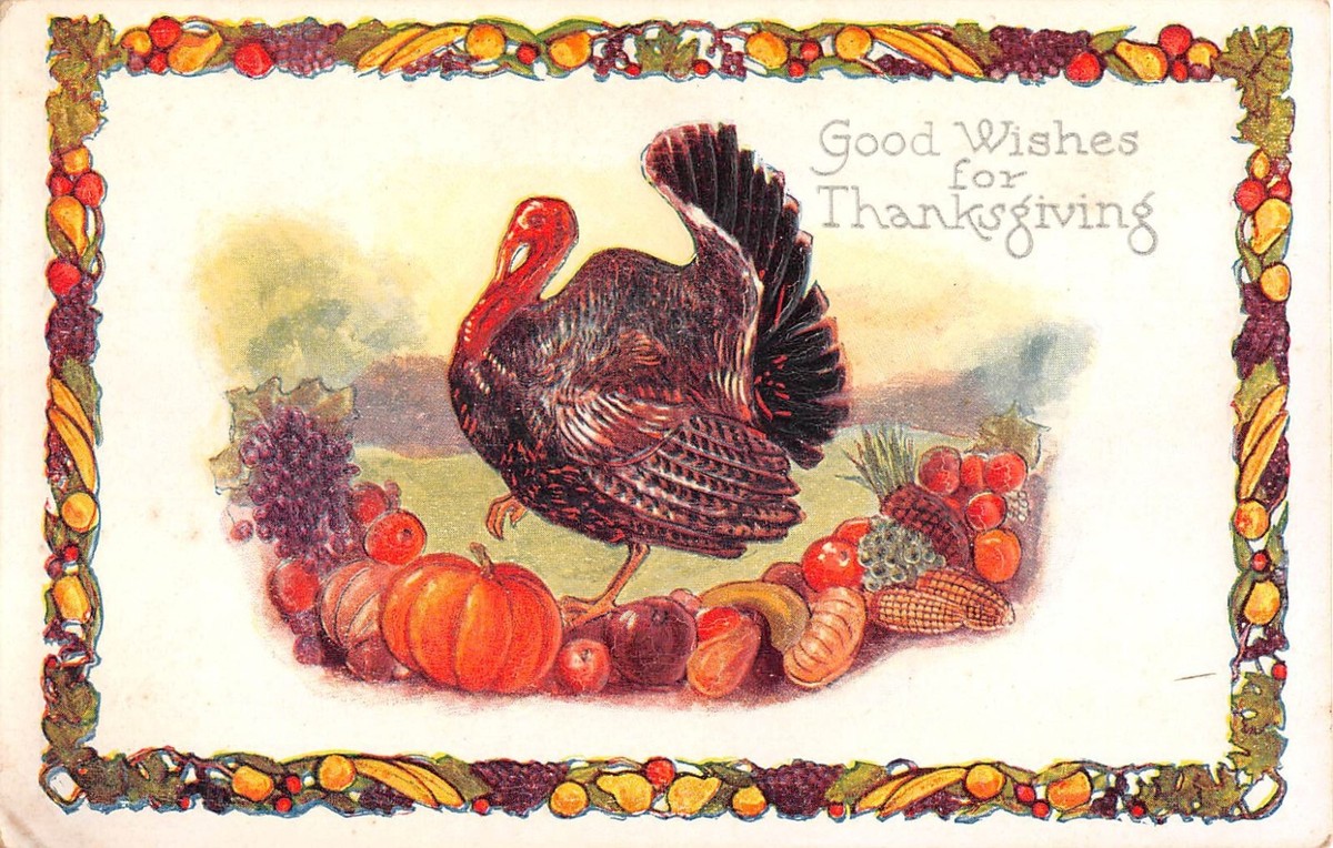 Borders Of Fruit Framing Turkey & Corn, Grapes, Pumpkins, Squash Old Thanksgiving