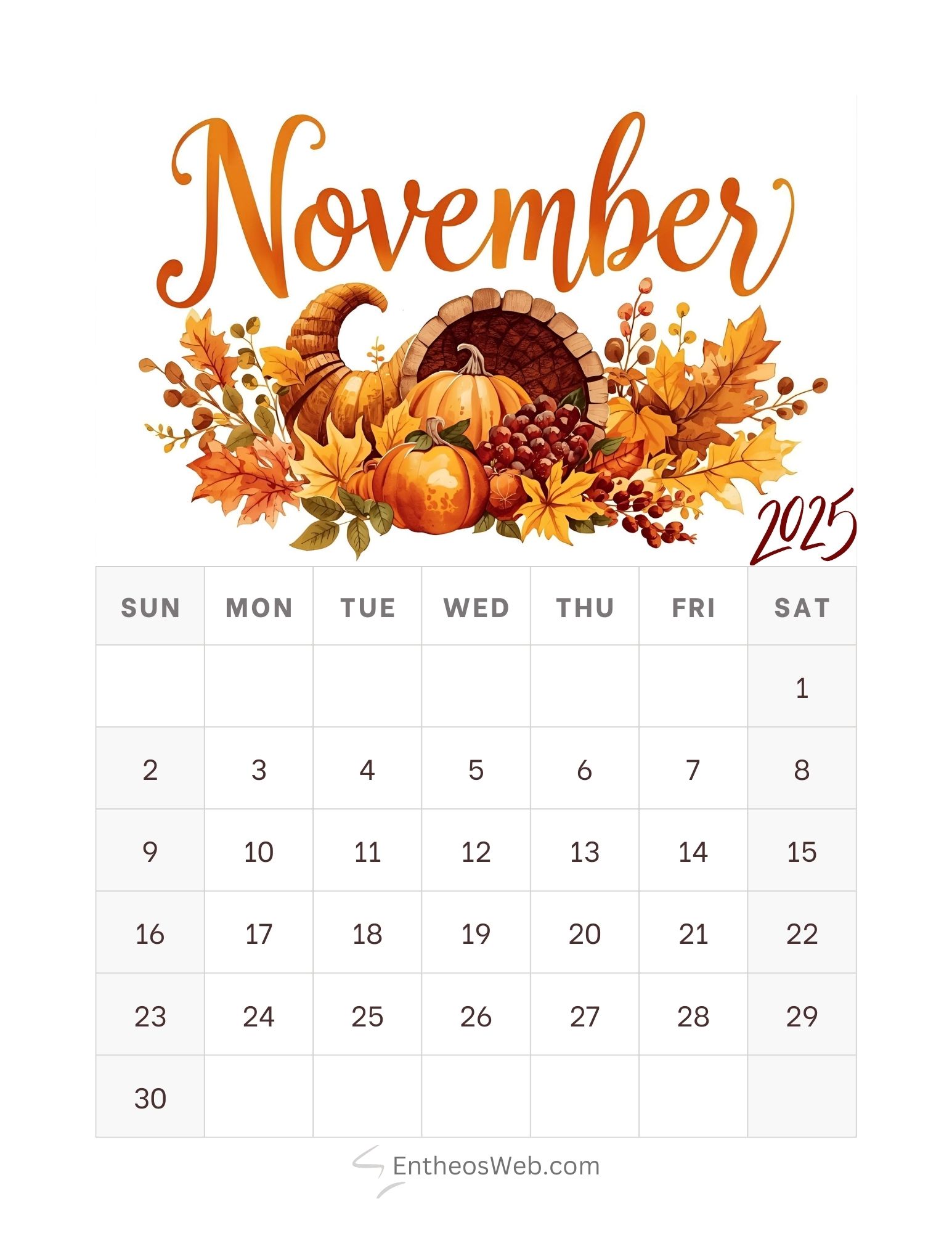 Thanksgiving November Printable Calendar