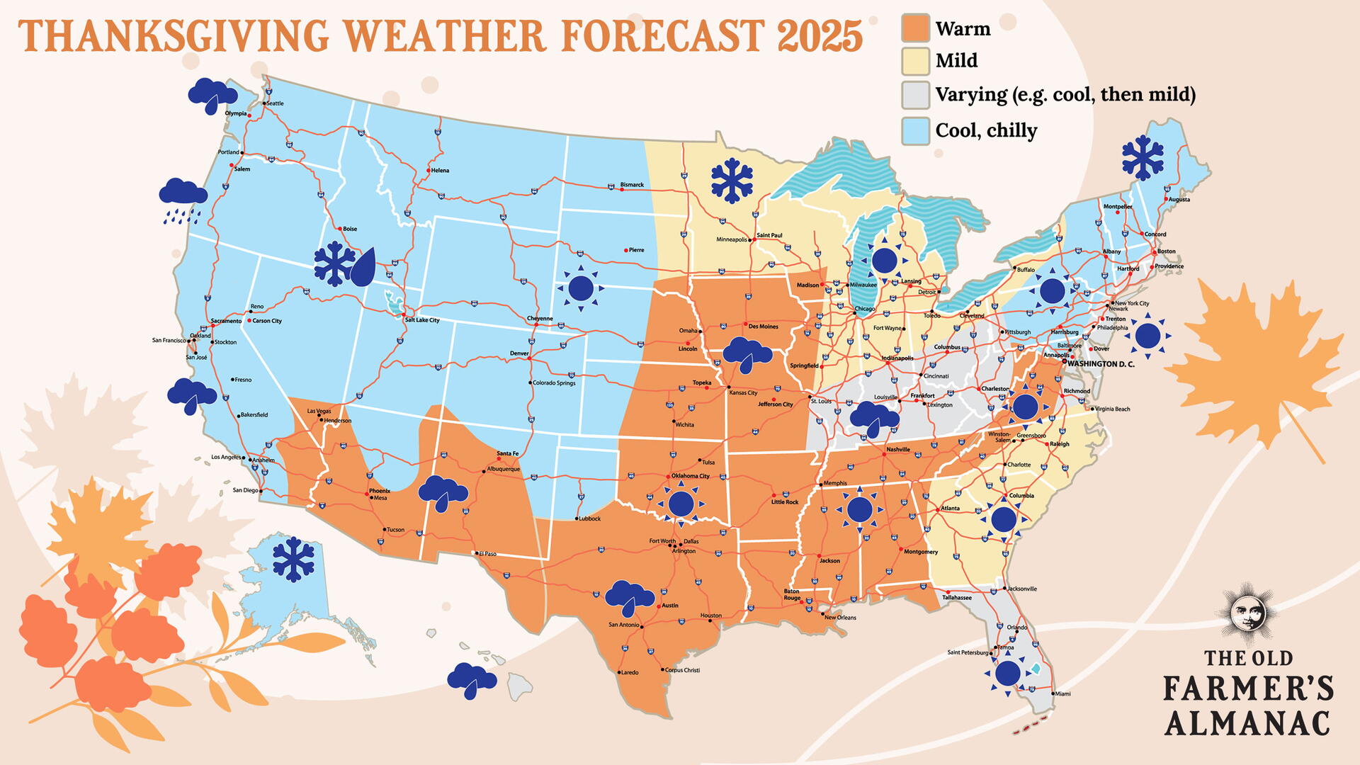 The Old Farmer's Almanac Thanksgiving weather prediction: Map of what to expect