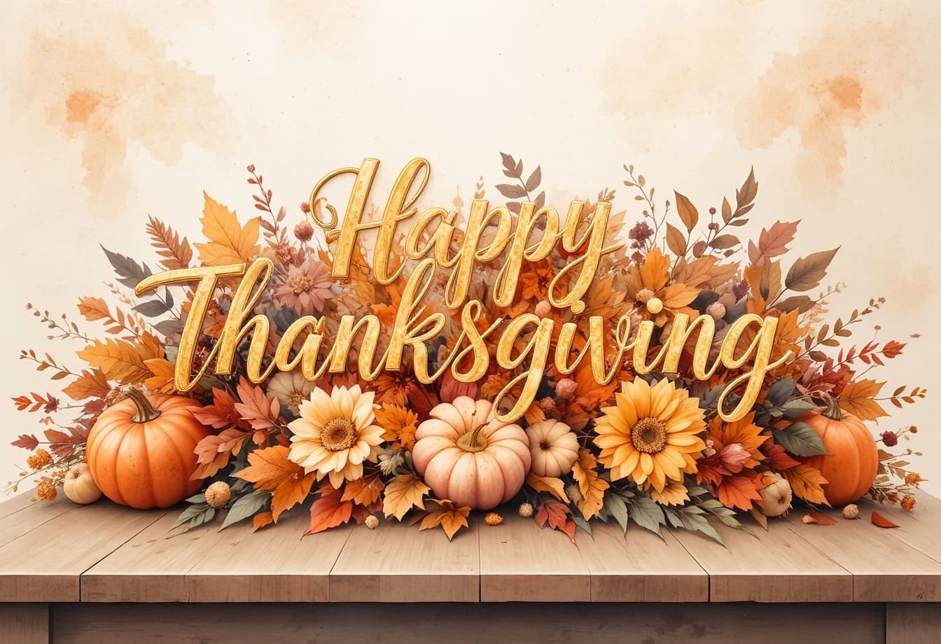 Free Picture: Happy Thanksgiving, A Design With A Still Life Theme With Golden Style Text