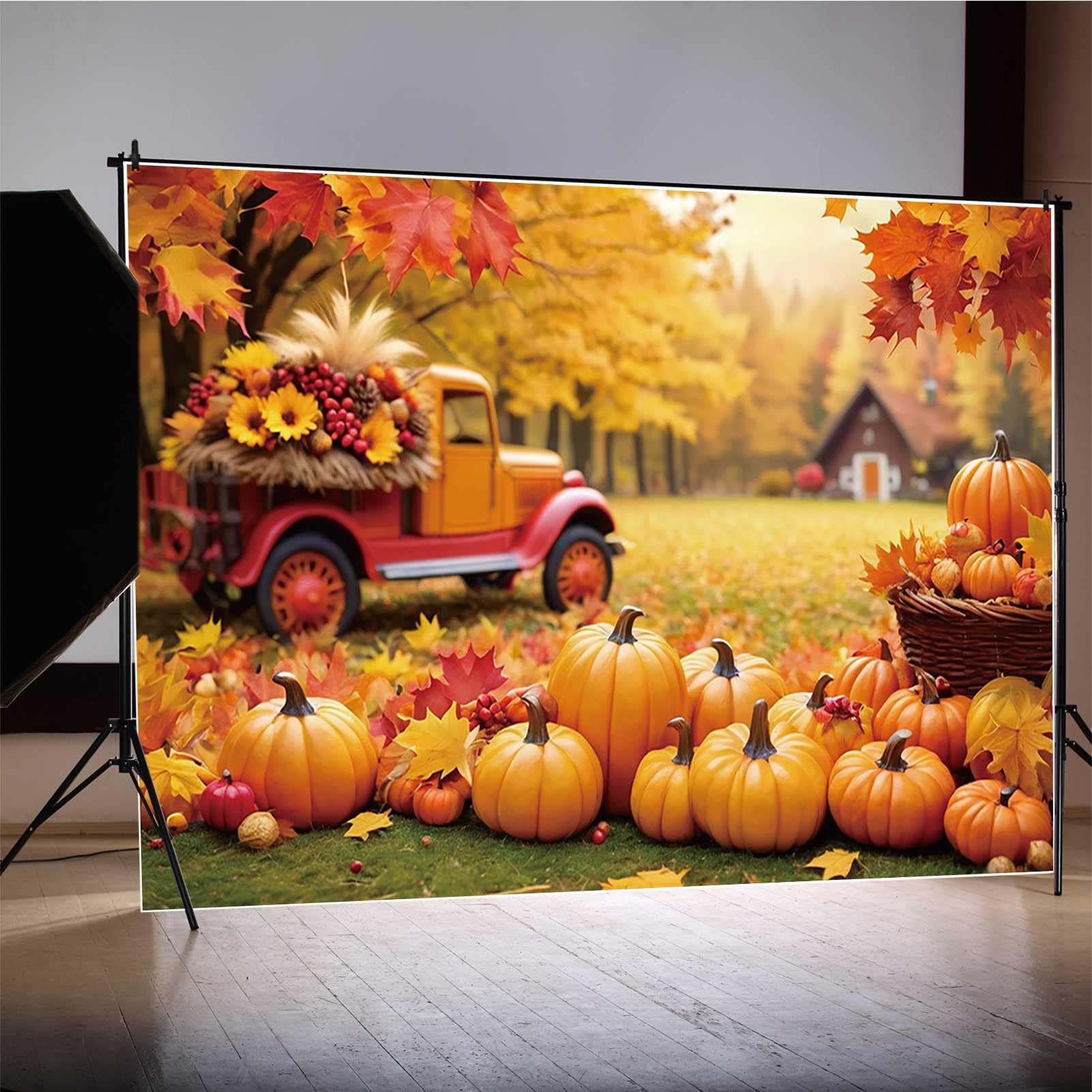 MOONDECO 9x6FT Happy Thanksgiving Autumn Photographic Backdrop 2025 Children Outdoor Party Photo Wallpaper Background Custom Truck Pumpkin Decoration Photocall Shooting Props, מוצרי חשמל
