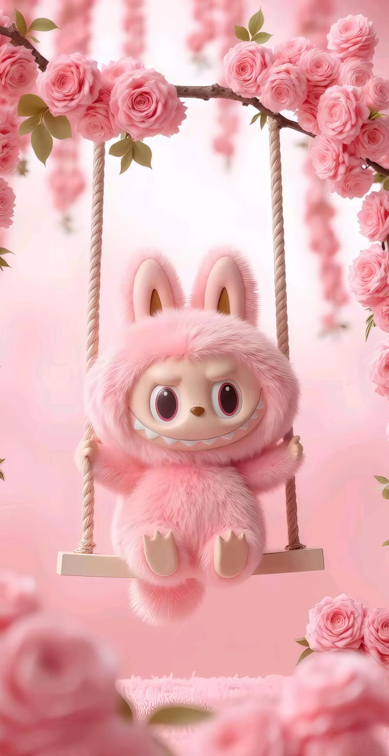 Labubu Pink Blossom Swing Cute Labubu Petal Swing Pink Labubu Wallpaper