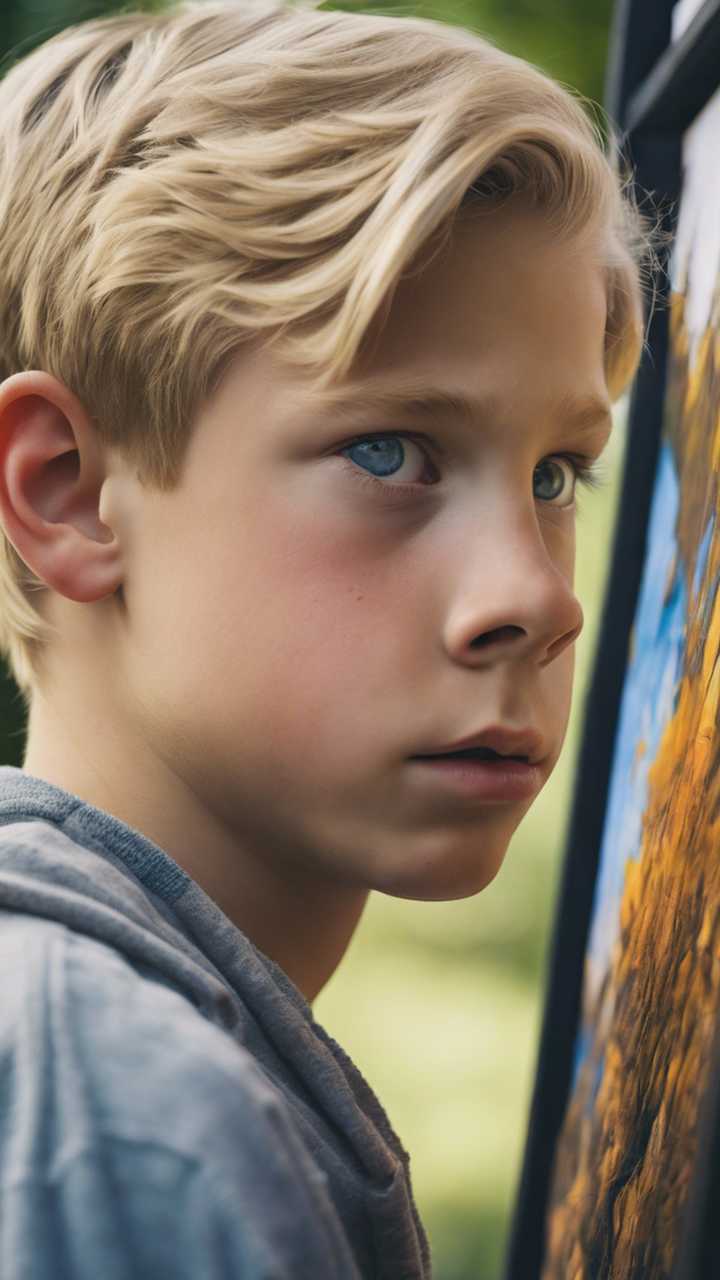 A quiet profile portrait of a blonde teen boy, his blue eyes reflecting intense focus, as he paints intricate nature scenery onto a canvas in his bedroom. Wallpaper [bb3f180daea741218459]