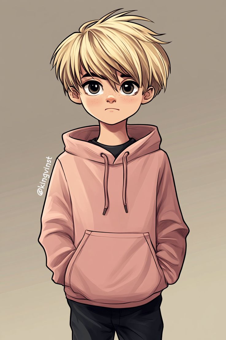Blonde boy wearing a pink hoodie. comic