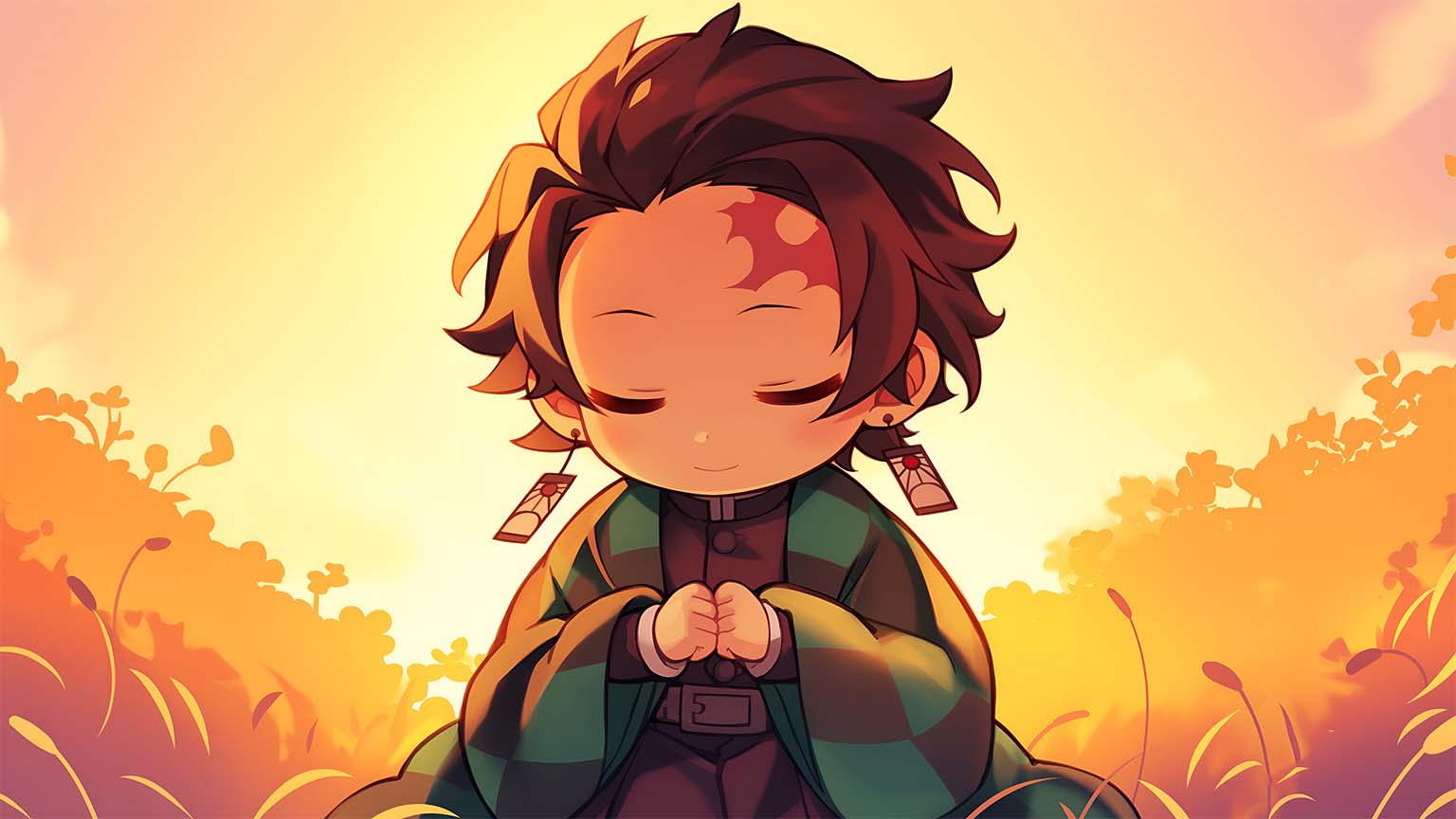 Chibi Tanjiro Sunset Meditation Demon Slayer Desktop Wallpaper